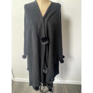 Vintage One Size Sleeveless Sweater Vest Wrap Shawl Black Fur Pom Poms
